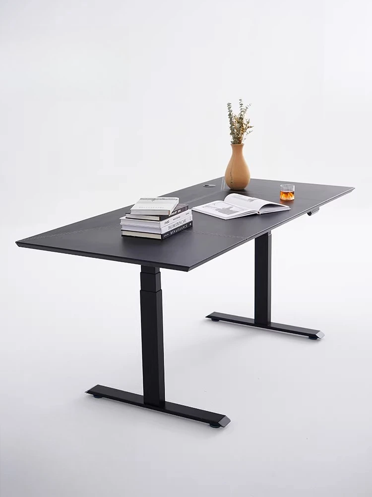 Italian Minimalist Electric Standing Desk Dual Motor Smart Desk Black Saddle Leather Home