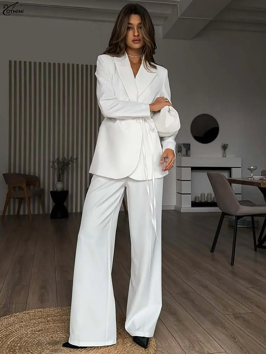 

Oymimi Causal White Woman 2 Piece Set Outfit Fashion Lapel Long Sleeve Lace-Up Button Blazers And Straight Pockets Trousers Sets