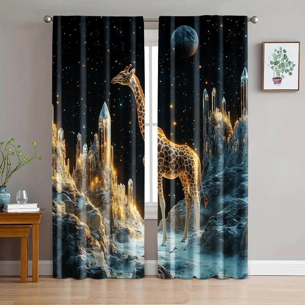 

2pc, Window Curtains Giraffes on the Moon Versatile Polyester,Without Electricity Versatile Perfect for Home Daily Decor