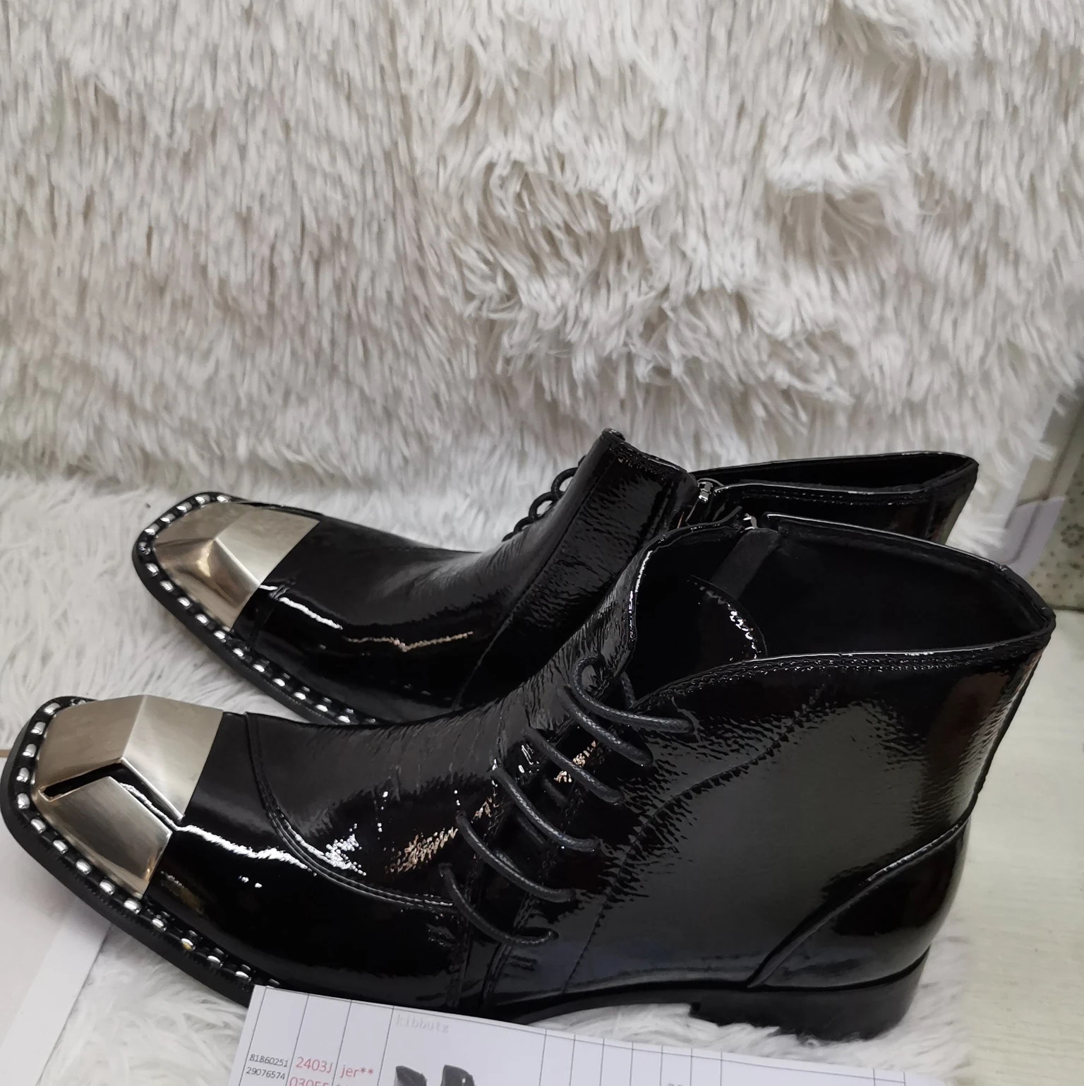 

Brand New Design Men Ankle Boots Metal Square Toe Rivets Lace Up Short Boot Fashion Business Black Genuine Leather Boots