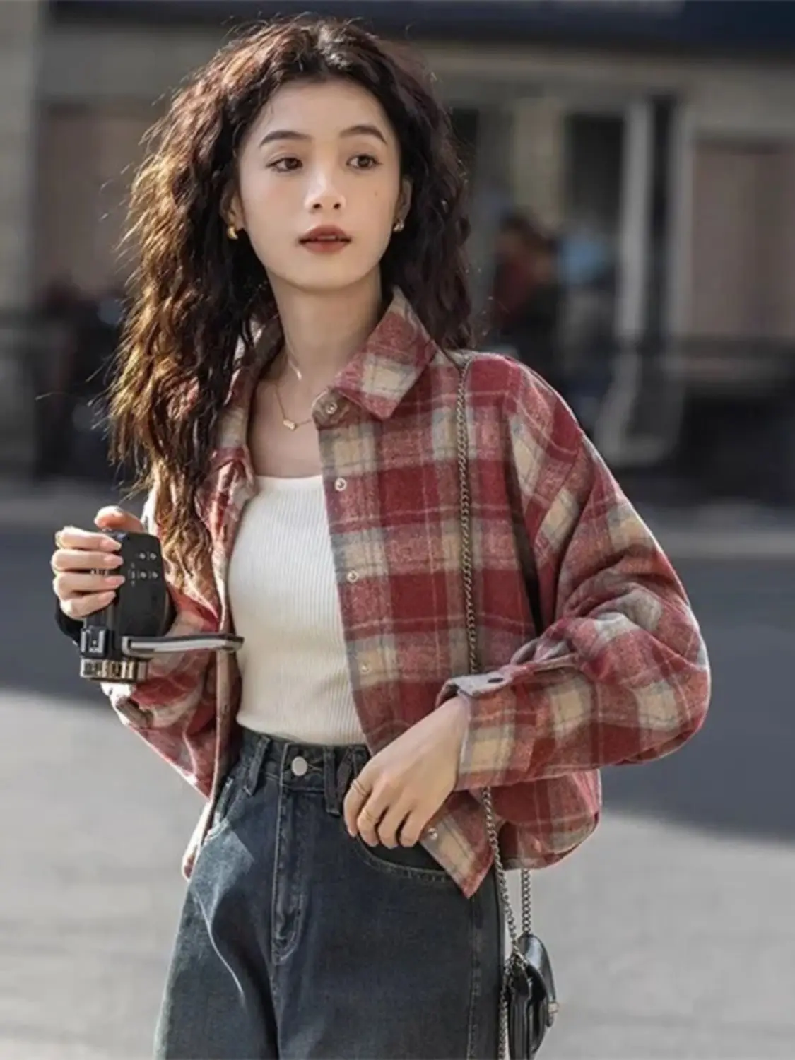 

Women's Polo Collar Plaid Short Shirt Summer Casual Retro Top Female Single Breasted Long Sleeved Thin T-shirt