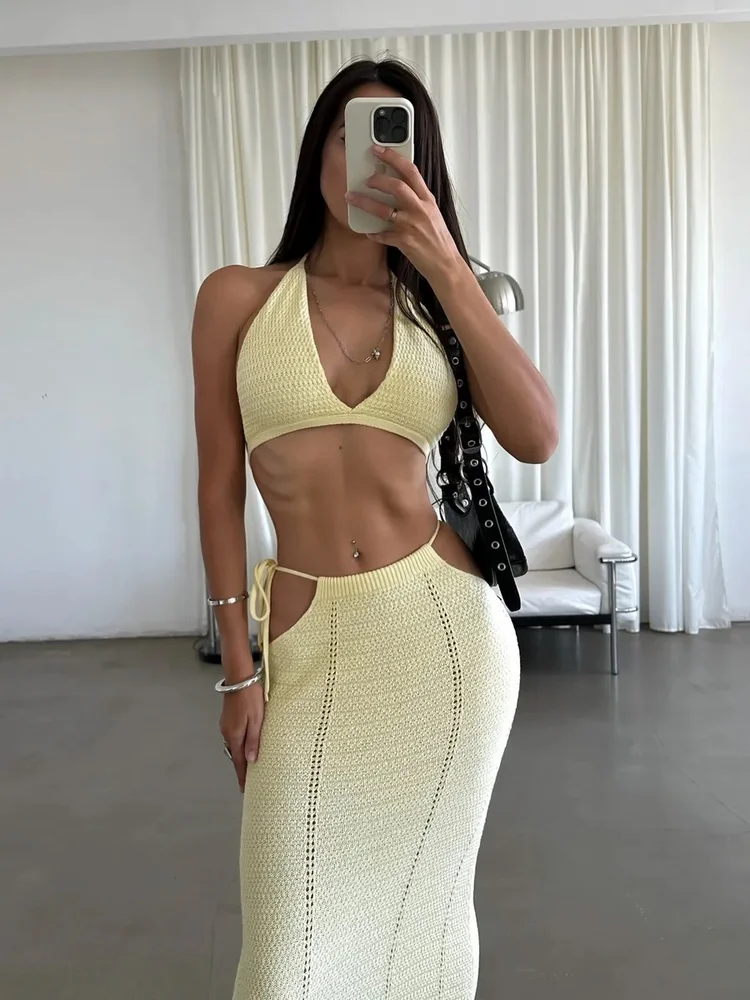 Tossy Crochet Two Piece Set Halter Crop Top Skirt Deep V Neck Sleeveless Knit Beach Vacation Side Cut Out Matching Basic Summer
