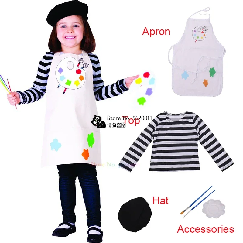 Boys Girls Little Painter Shirt Apron Children Artist Characters Role Play Suit Kids Halloween Cosplay Party Dress Up Costume