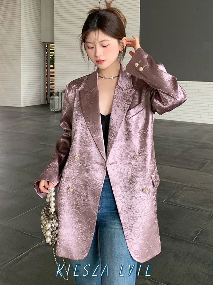 Fashion party 2024 Fall High quality Textural sense Design Satin Jacket Purple Gray Loose Casual Acetate Luxury Blazer Women