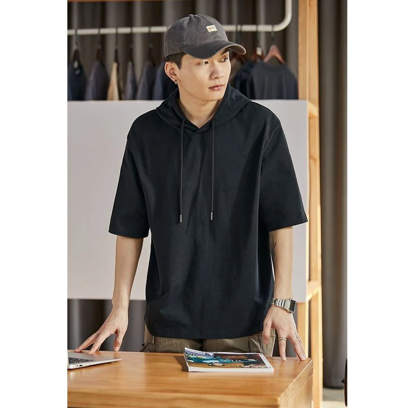 Summer Men Drawstring Hooded Short Sleeve Sweatshirts Thin Teenager Fashion Simple All-match 2xl Oversized Clothing Black White