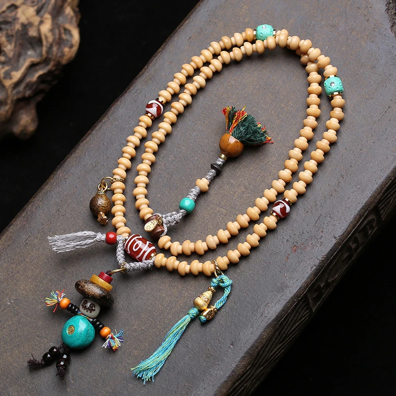 Longshi 108-Bead Buddhist Necklace, Hand-Woven Bodhi Pendant, Agate And Dzi Beads, Accessories