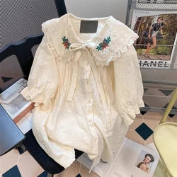 Plus Size 5XL 140kg Summer Women White Shirt Big Collar Loose Ladies Embroidery Blouse Short Sleeve Casual Blause Female Tops