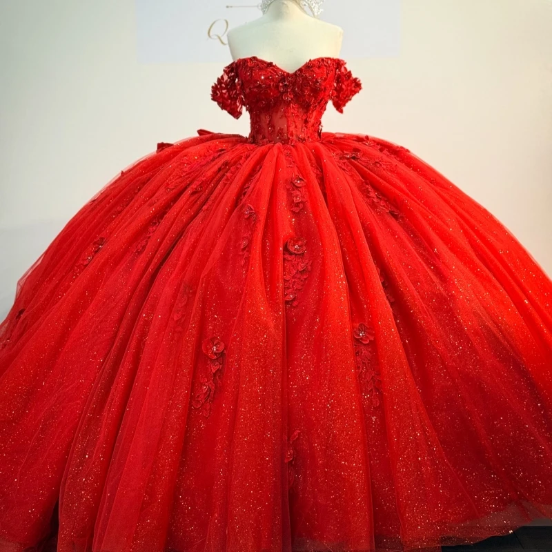 

Красные блестящие платья Quinceanera с открытыми плечами и аппликацией из цветов и бусин с бантом из тюля, корсет для вечеринки, дня рождения, милое платье 16, Vestidos 15 De