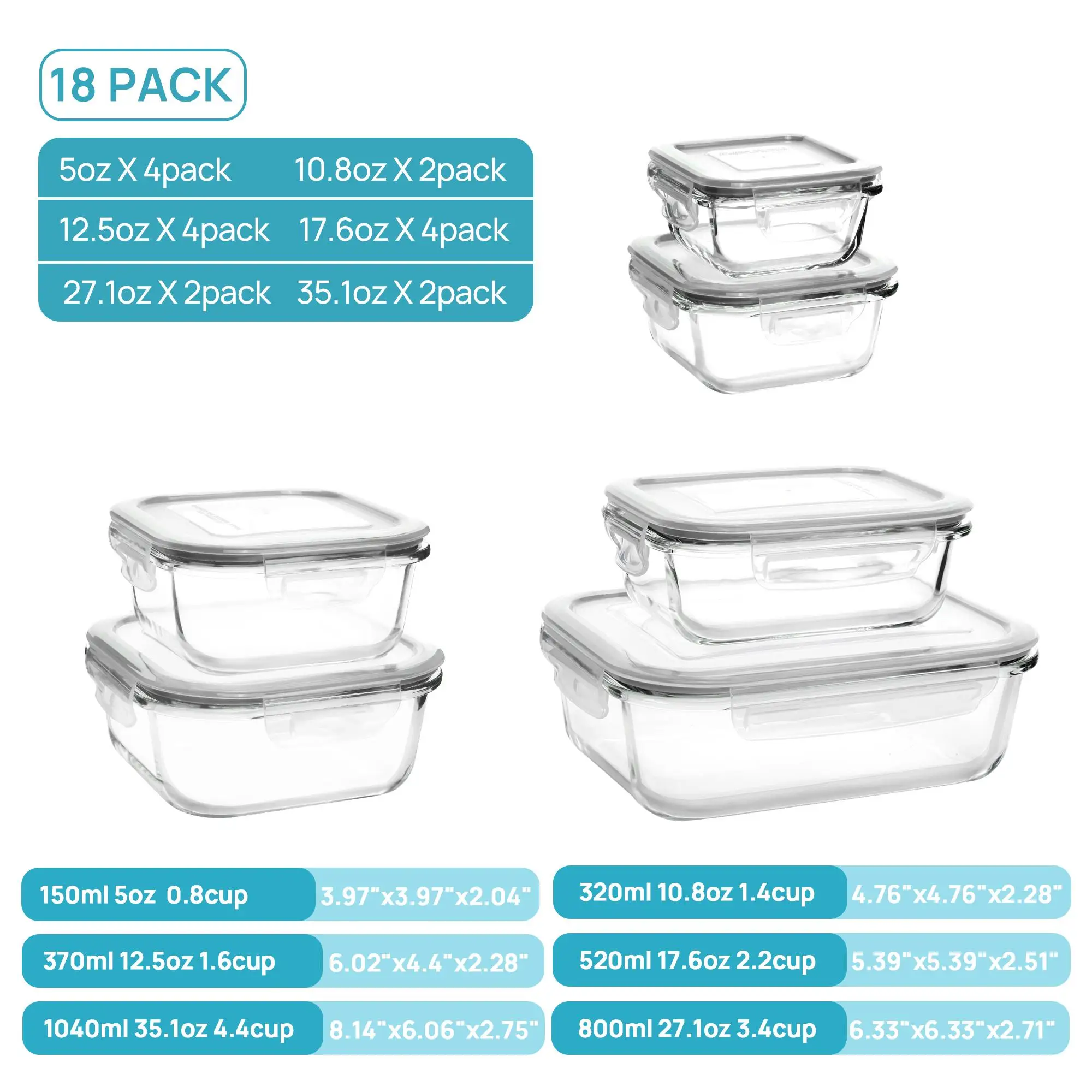 18 Pack Glass Food Storage Containers with Airtight Lids Stackable Meal Prep Lunch Box Rectangle Grey Compartment Large Capacity Kitchen Organizer Oven Microwave Freezer Dishwasher Safe Food Crisper