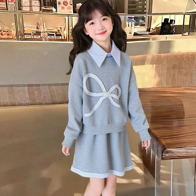 2026 spring autumn Girls set Clothes teenager patchwork T SHIRT sweatshirts + JK mini pleated skirt 4 8 10 12 14 year tracksuit