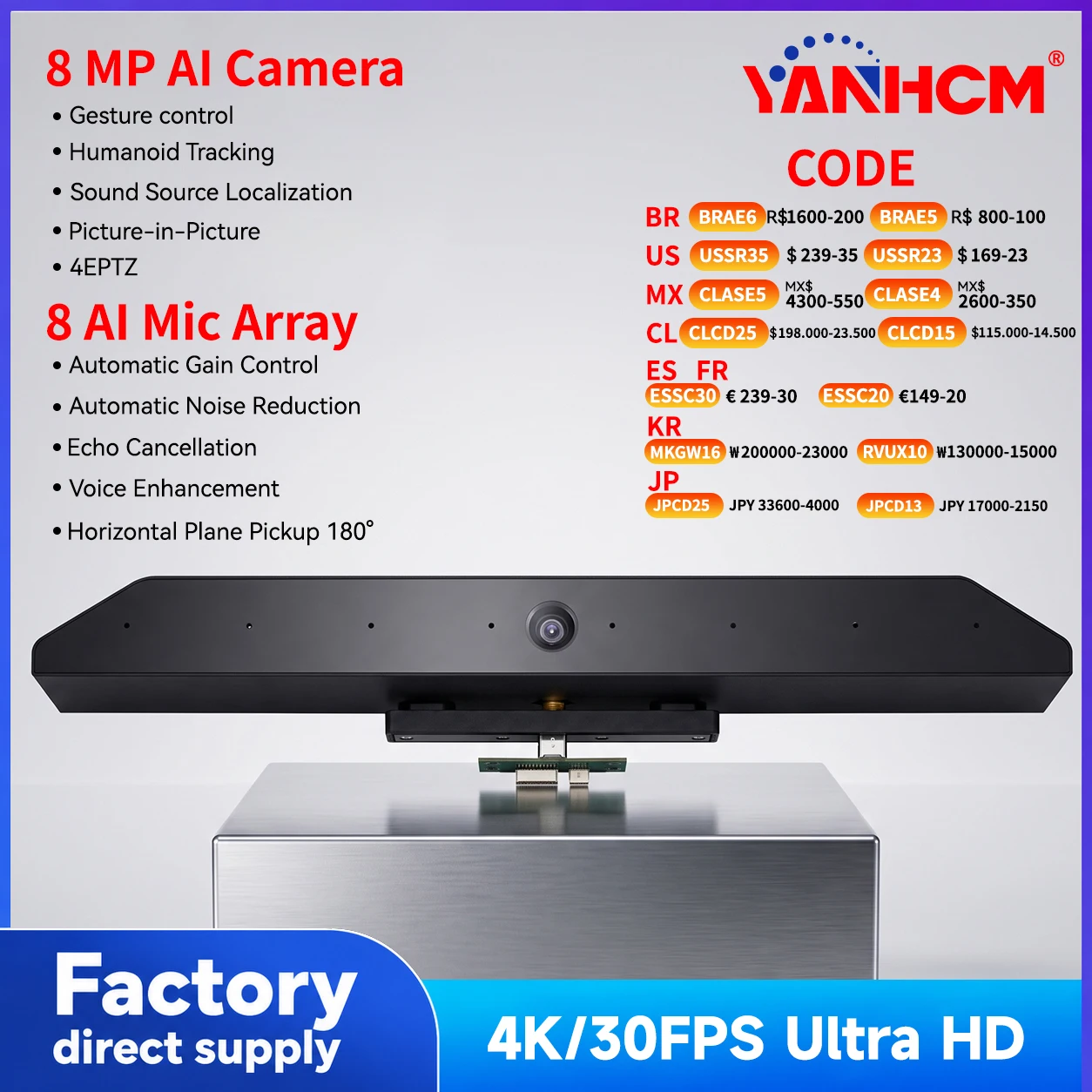 8MP AI Video Camera 1080P 4K HD 8 Array Mic FF USB Plug and Play Human Tracking Sound Source Localization Video Conferencing