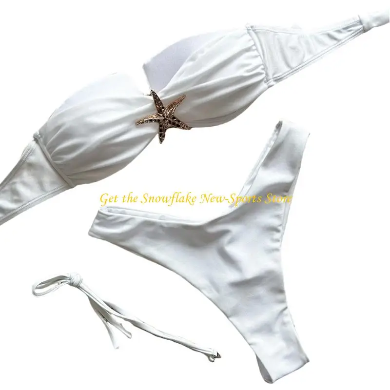 E56D Women Pleated Bandeau Swimsuits Two Pcs Swimwear Star Bathing Suit Ladies Swimming Costume Set Beachwear