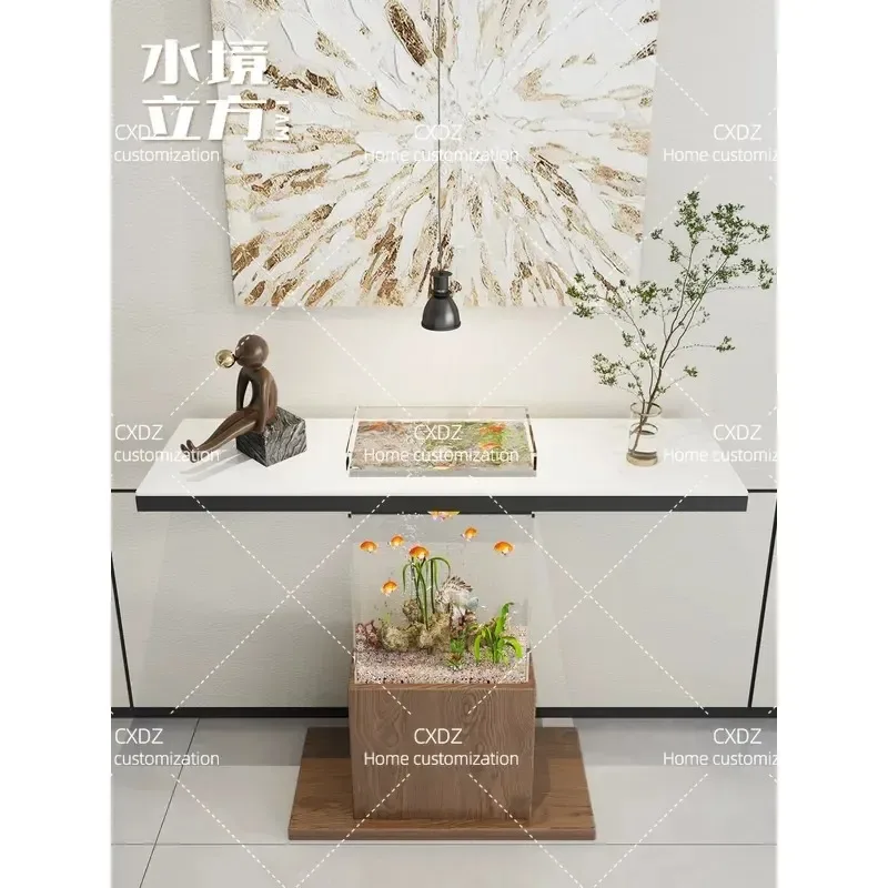 Simple Modern Entrance Table Wall Mounted Suspended Rock Slab Console with Strip Lighting High End Entryway Cabinet for Fish
