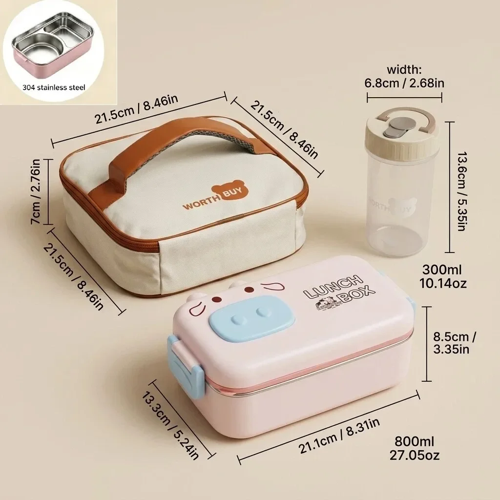 304 roestvrijstalen bentobox, schattige lunchbox voor kinderen, geschikt voor gebruik in de magnetron, met vakken, luchtdichte bewaardozen voor voedsel en bestek, ideaal voor school.