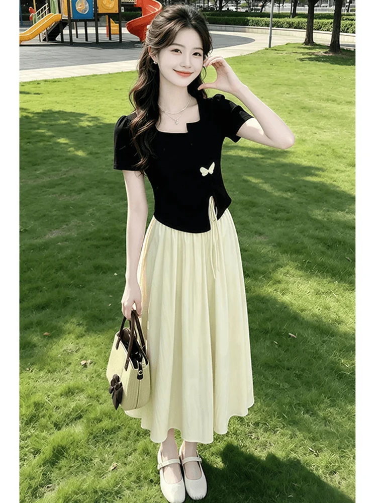 

Summer Fashion Set Women's High Waist Short Sleeve T-Shirt Belted Skirt Two-Piece Suit Comfortable Casual Style Polyeste...