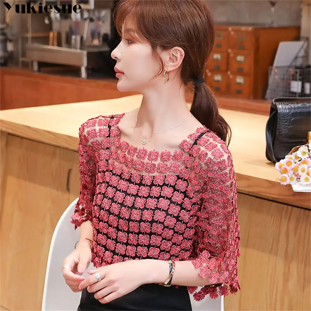 Summer Lace Hollow out Mesh Tops Sexy ElegantPullover Blouse Chiffon Shirt Top Shirt with Sling Solid Temperament Two-Piece