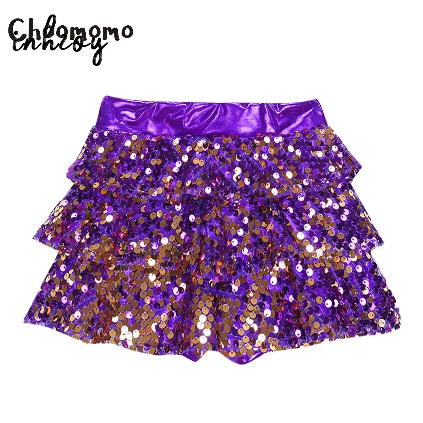 

Kids Girls Metallic Sequins Latin Jazz Dance Costumes Multi-layered Ruffles Elastic Waist Skirt Stage Show Outfit