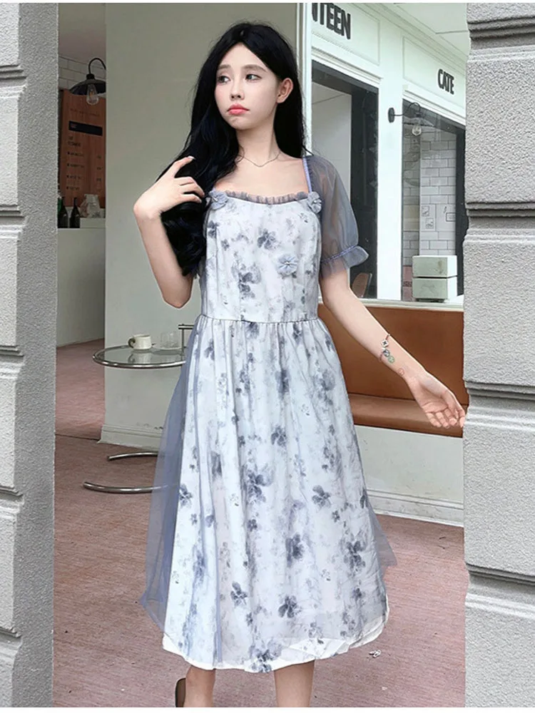 150Kg Plus Size Women's Bust 154 Summer Mesh Printed Dress French One Line Neck Dress Grey-Blue 5XL 6XL 7XL 8XL 9XL