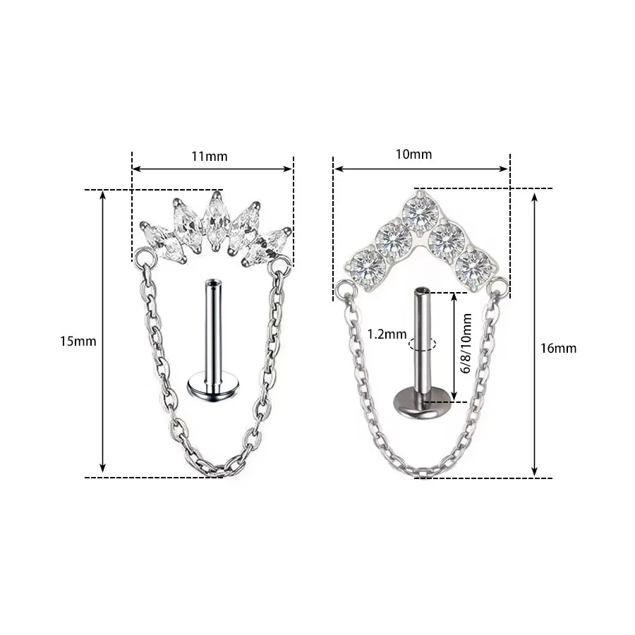 ASTM F136 Titanium EAR PIERC Ear Studs with Dangle Chain Top Labret Lip Stud Sling Chain with CZ Earrings Body Piercing Jewelry