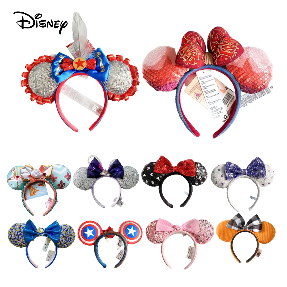 Disney Mickey Minnie Mouse Ears Headband Space mountain Lunar 2022 Minnie Bow Pink Sequins Cartoon Anime Headdress Headband Gif