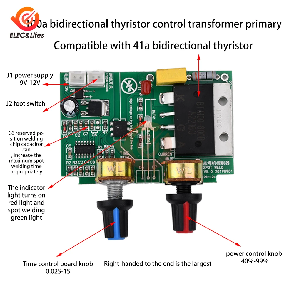 

41A/100A Spot Welding Machine Control Board Welder AC 220V to 9V Transformer Controller Board Timing Current Time Current