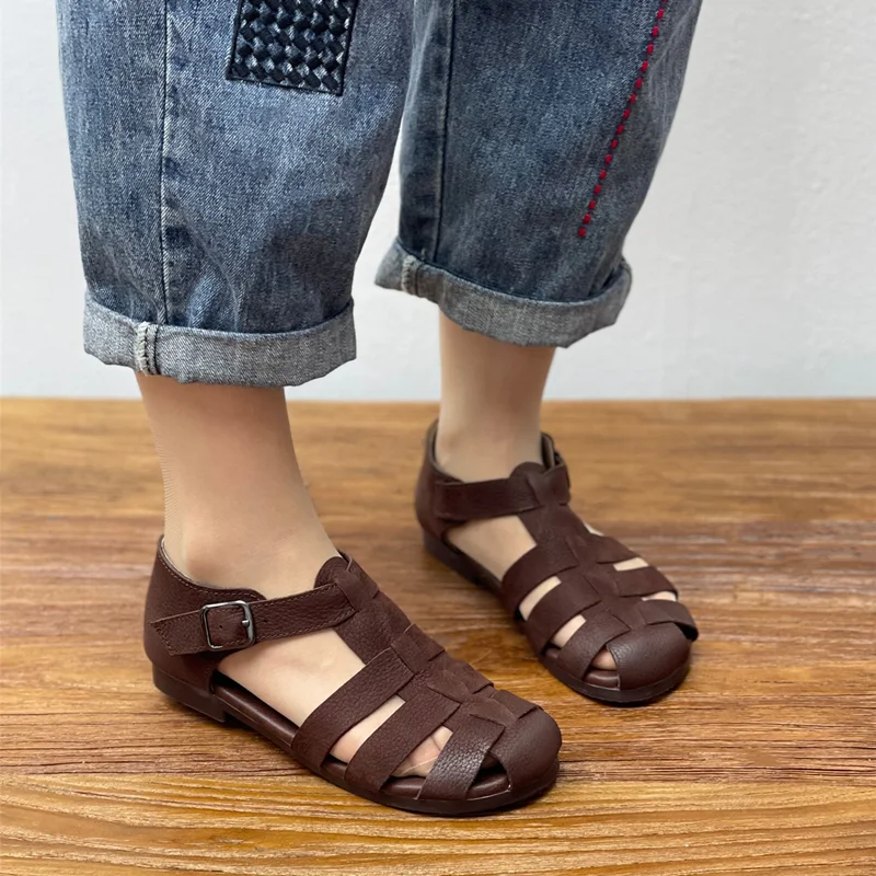 GKTINOO 2024 New Cowhide Flat Sandals Retro Nostalgic Leather Woven Women Shoes Healthy and Breathable In Summer