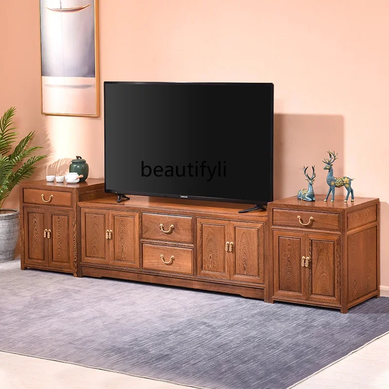 Chicken wing wood TV cabinet Solid wood Chinese antique living room combination Video floor cabinet Wall cabinet