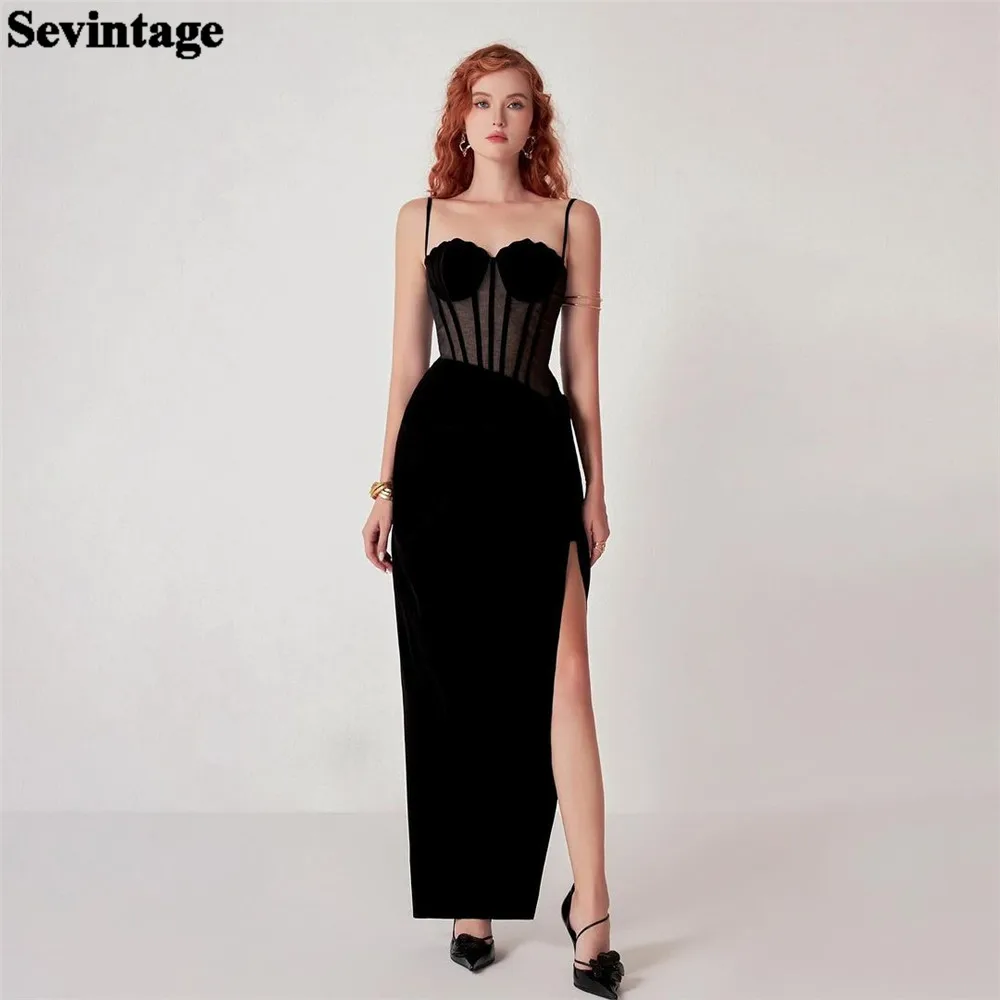 Sevintage Elegant Black Mermaid Evening Dress Spaghetti Strap High Slit Fitted Bones Ankle Length Prom Gown Algerian Outfit 2024