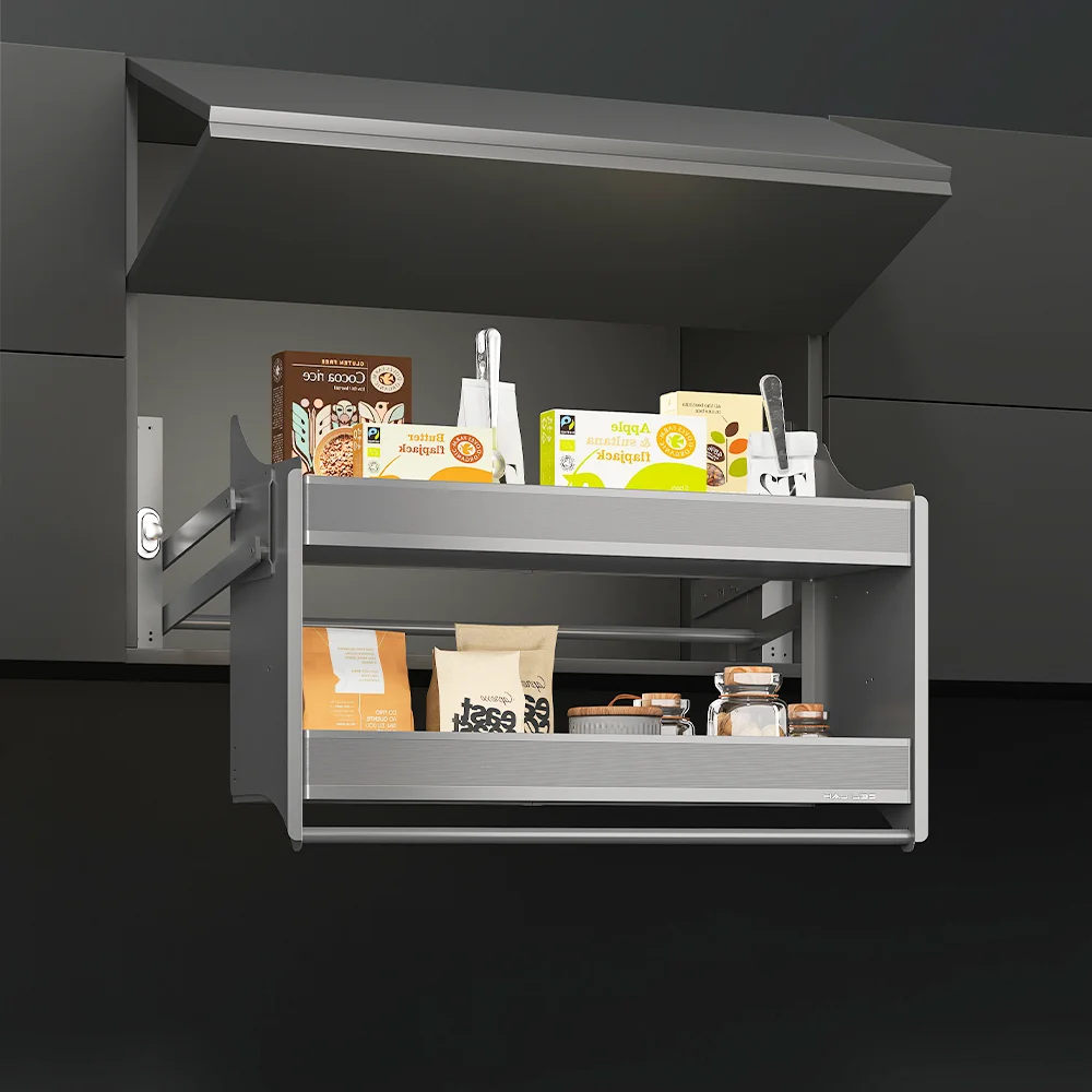 Aluminium Handle Pull-Down Basket 2-Tier Kitchen Wall Cabinet Elevator Lifting Down Spice Rack Kitchen and Home Storage