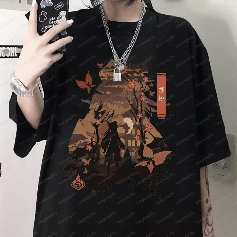 Genshin Impact Hu Tao Tshirts Game Fans Japanese Styles Unisex Clothes Black White Tee Streetwear Summer Short Sleeve Tshirt