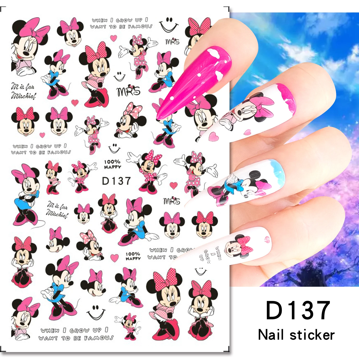 1Pc 3D Valentines Cartoon Minne Nail Stickers Nail Decoration Disney Mickey Stickers Nail Art Decals DIY Anime Nail Art Supplies