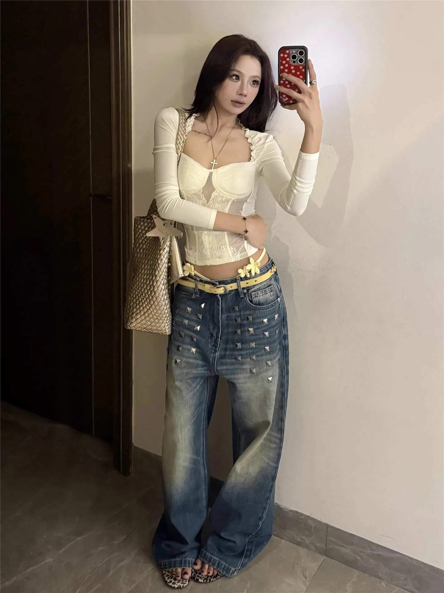 

American Vintage Low Waist Wide Leg Denim Jeans Women's Loose Slimming Floor-Length Pants Spring Casual Cotton Blend