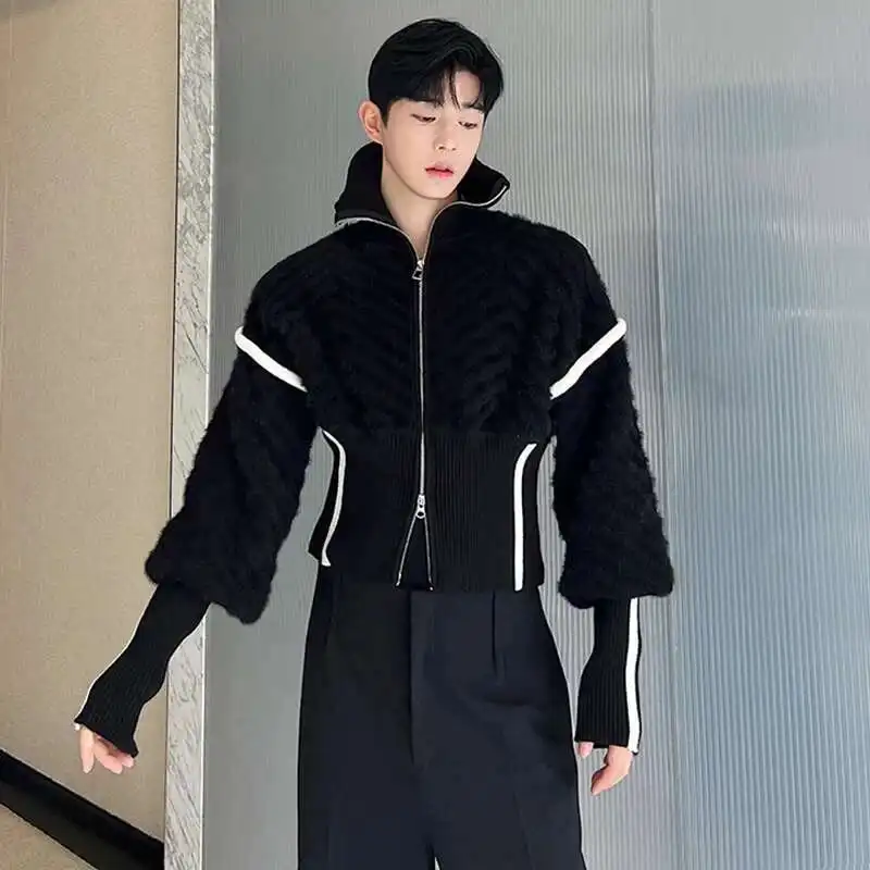 LUZHEN Stripe Bat Men Sweater Fashion Color Contrast Lapel Sleeve Knitted Tops Zipper Korean Style Elegant Wool Cardigan LZ6854