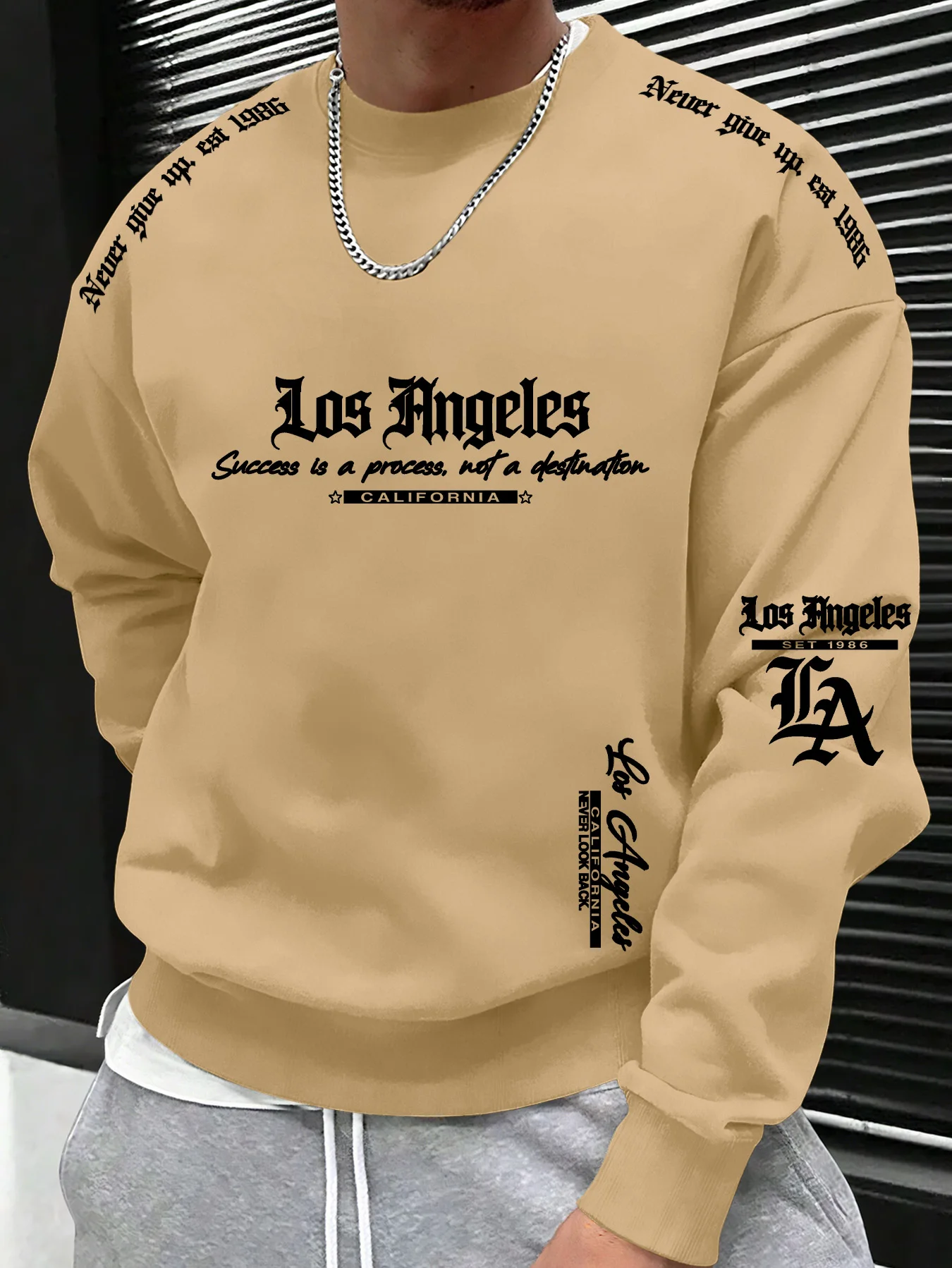 Herren Casual Rundhals-Langarmshirt, Los Angeles Gothic-Schriftzug-Slogan-Grafikdruck-Sweatshirt, S-XXL – Detail 5