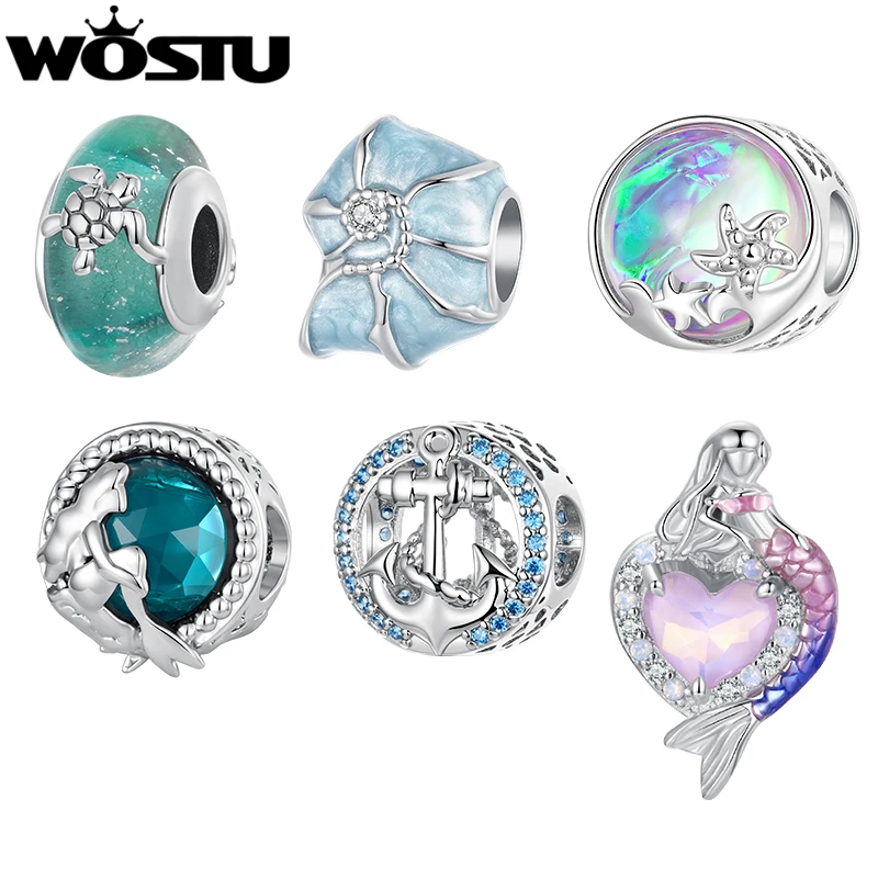 WOSTU Platinum Plated Ocean Jewelry DIY Charms, Sea Turtle Green Murano Beads Blue Shell Starfish Beads Fit Original Bracelet