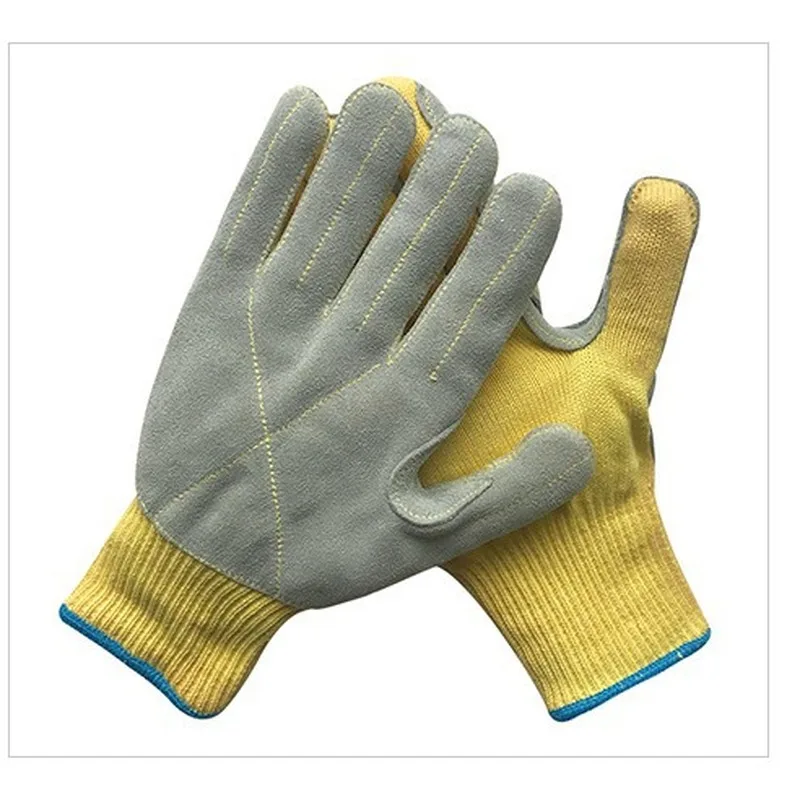 Leather gloves, fire-, flame-retardant, cut-, and heat-resistant, with protective padding, made of cowhide