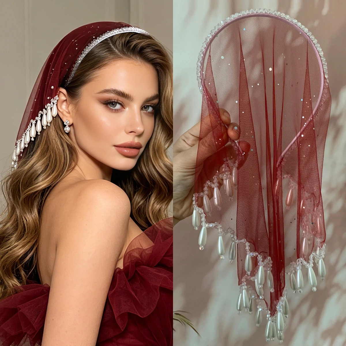 Einlagiges burgunderfarbenes Tüll-Stirnband, französisches Halbhut-Haaraccessoire, Perlen-Haarband, gesichtsbedeckender Schleier-Kopfschmuck SA153