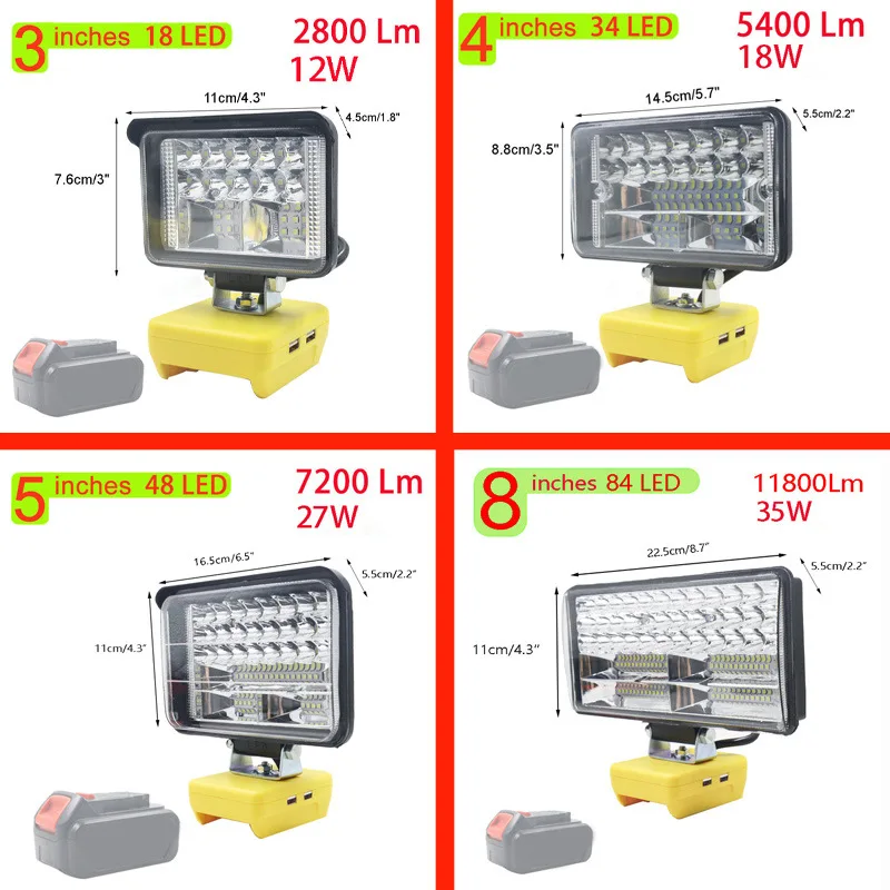 3/4/5/8inch LED Work Light Flashlight for Dewalt 18V 20V Lithium Battery Portable Lantern Tool Lamp for DEWALT DCB205 DCB206