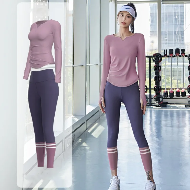 Women Long Sleeve Crop Top Gym Running Leggings Autumn Seamless Yoga Elastic Fitness Workout Sportswear