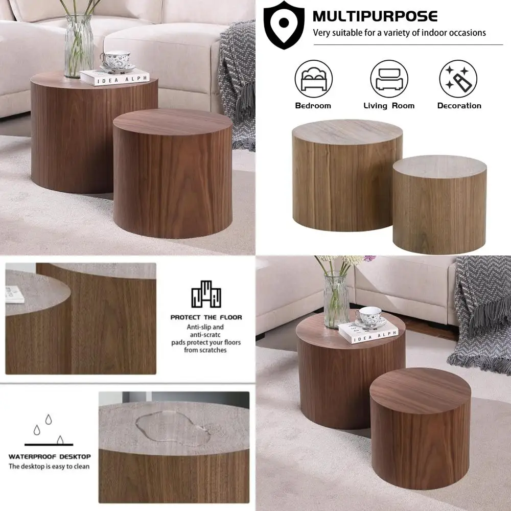 Coppia di tavolini da caffè rotondi impilabili in legno per spazi abitativi compatti