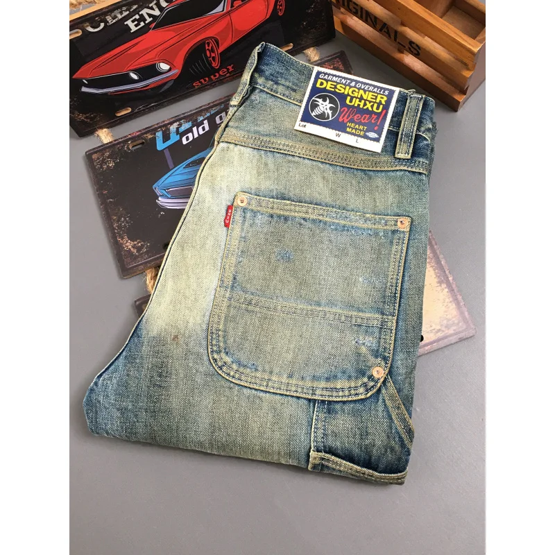 

Мужские джинсы в стиле ретро, новинка 2023 года с дырочкой, свободная прямая трубка, неэластичные, сверхпрочные потертые джинсовые брюки.