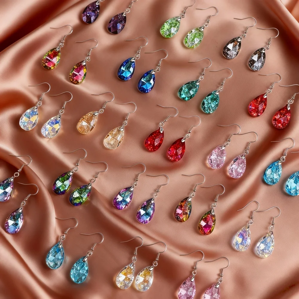 10Pairs/Lot Exquisite Colorful Glass Earrings Women‘s Fashion Jewelry Water Drop Maple Leaf Heart Butterfly Party Accessories