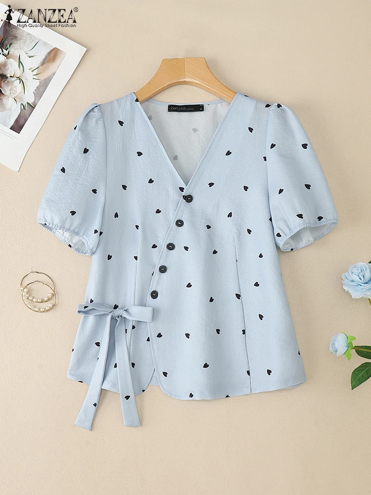 ZANZEA Hart Patroon Verpakt Blouses Vrouwen Mode V-hals Korte Bladerdeeg Mouw Boog Detail Blusas Mujer Alledaagse Casual Shirts
