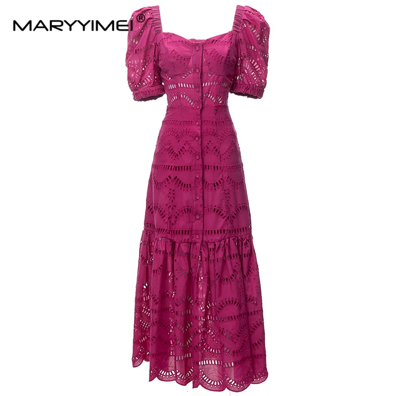 

MARYYIMEI New Fashion Runway Designer Women's Clothing Square-Neck Hollow Out Embroidered Single-Row Multi-Button Cardigan Dress