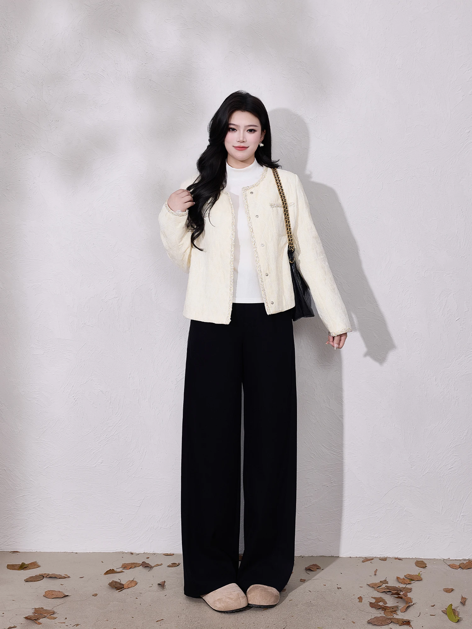 

Ele plus Size Women's Long Sve round Ne Diamond Pattern Beige Slimming Outerwear Faionable Spring Autumn Coat