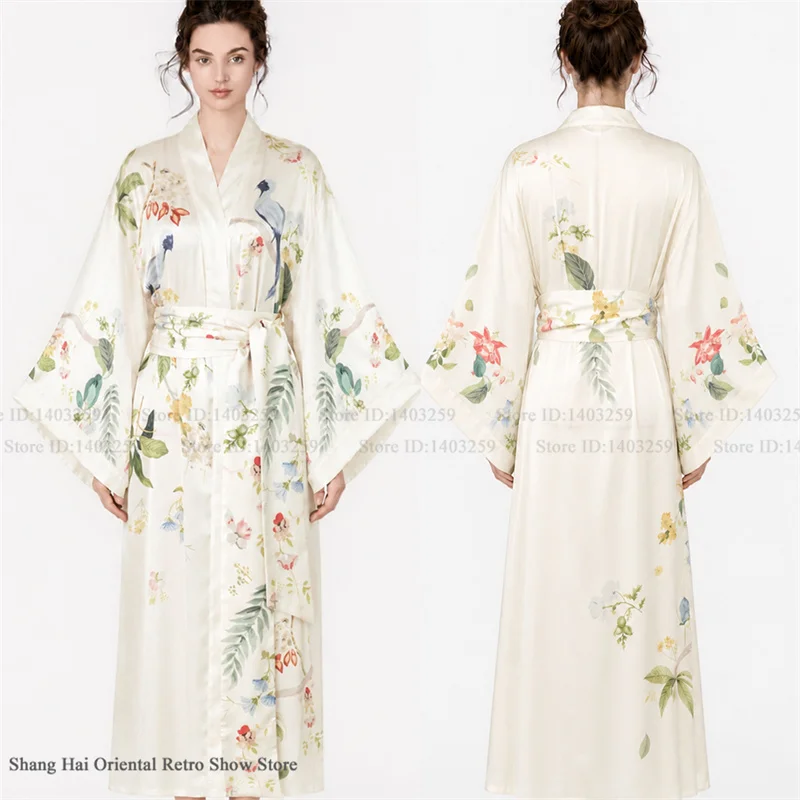 Print Flower Female Long Robe Big Sleeve Kimono Bathrobe Gown Spring Summer Silk Satin Sleepwear Night Dress Loose Homewear image 4