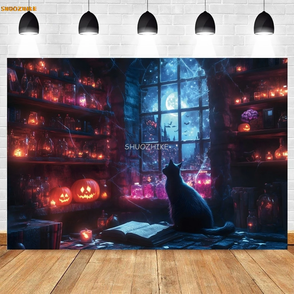 Forest Pumpkin Halloween Night Decor Photography Backdrop Horror Light Castle Kids Party Decor Photo Background Studio Props