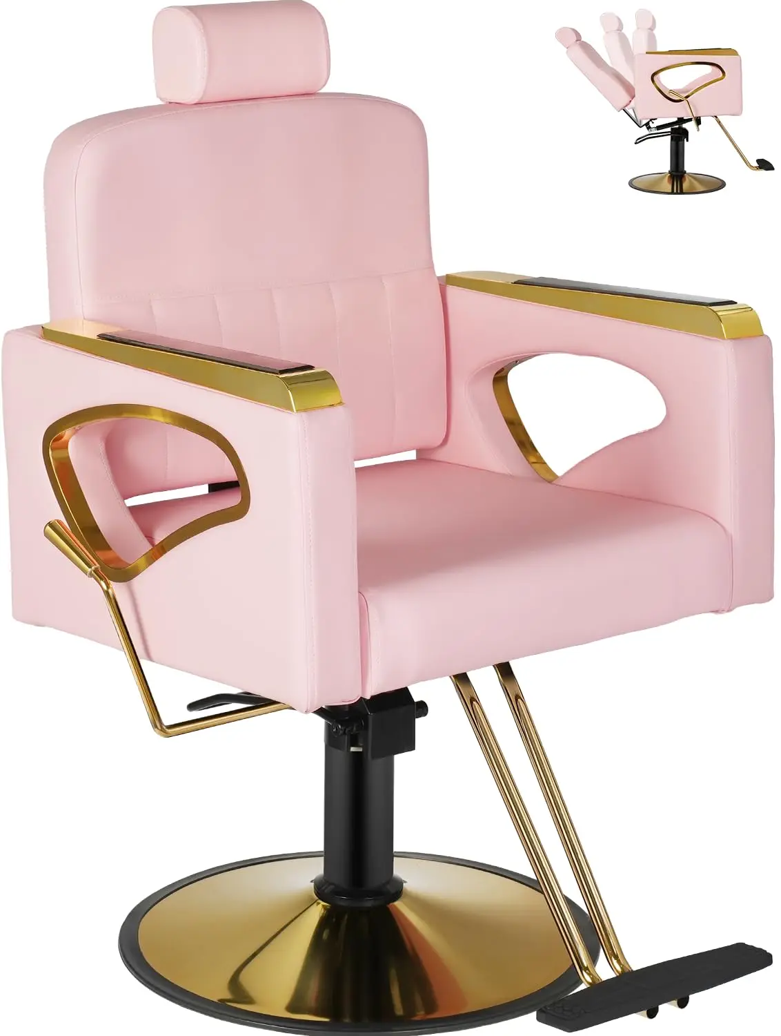 

Professional Pink and Gold Salon Chair, Heavy Duty Hair Barber Chair with Headrest, Reclining Stylist Chair for, Customized