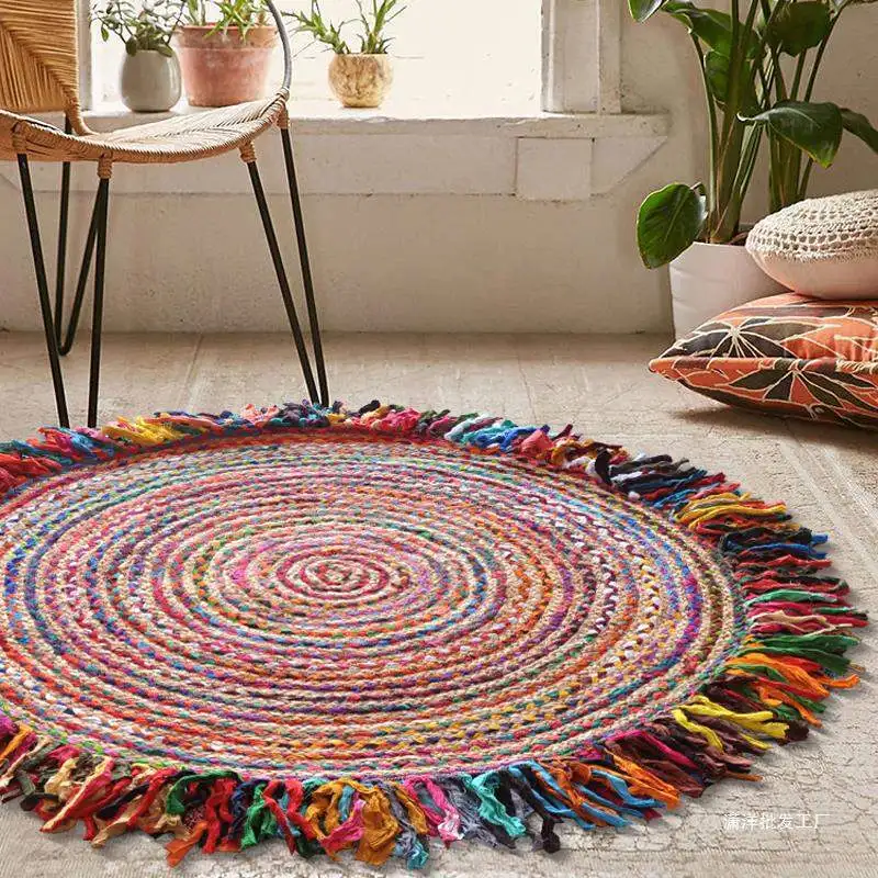 

Радужная модель, индийский джут из чистого хлопка, смешанный тканый круглый ковер с бахромой, этнический стиль, диван, спальня, напольный коврик