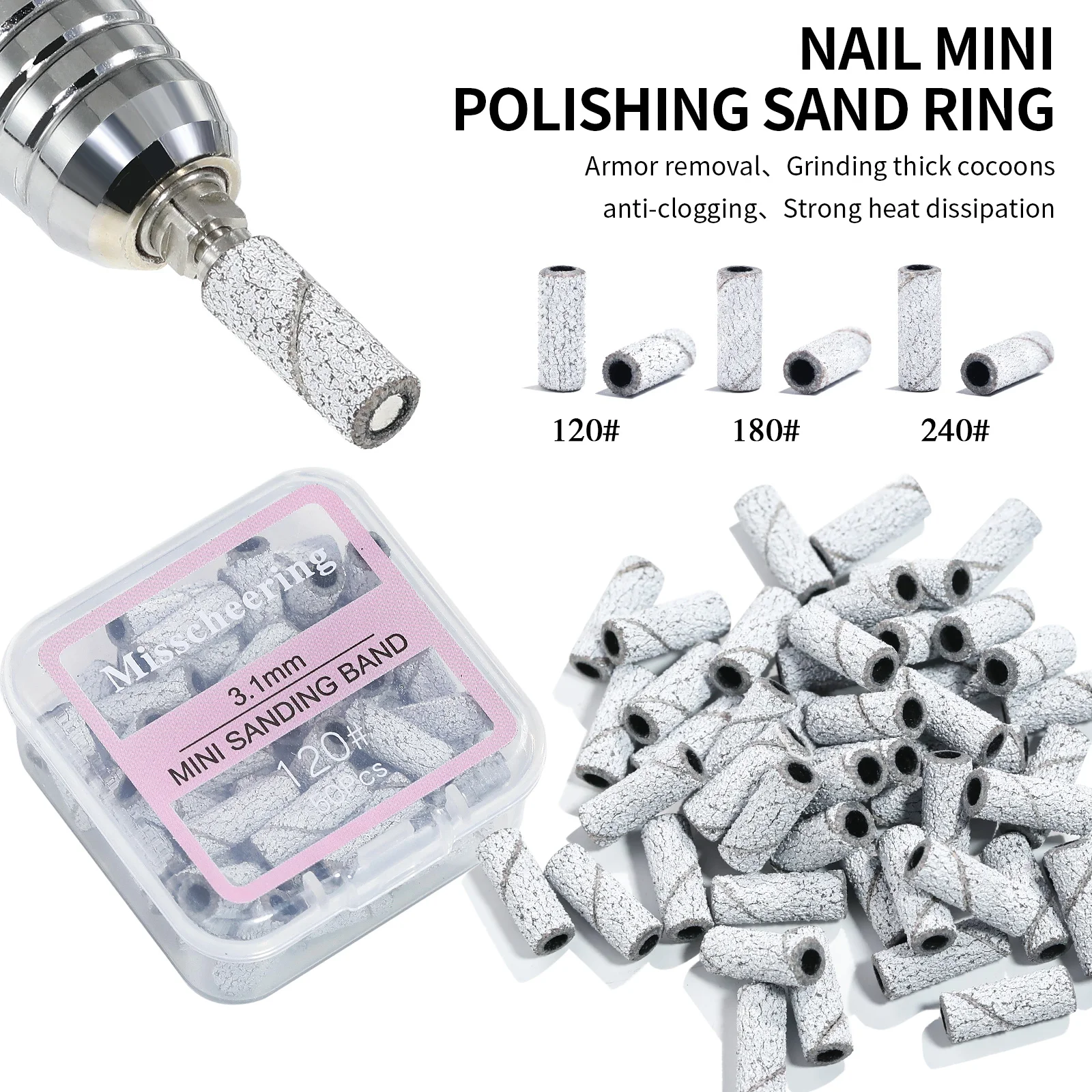 50 Stück 3,1 mm Mini-Nagelschleifbänder Weiß Rosa 120 #   180 #   240 #   Entfernen Sie das Nagelhaut-Polier-Sandring-Set, Maniküre-Werkzeug-Zubehör